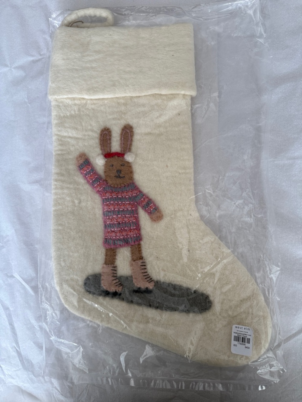 West Elm Cream Felt Bunny Stocking with Pink & Gray Accents New